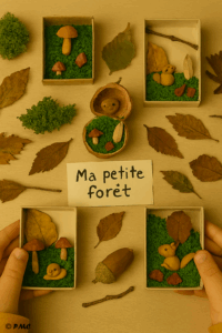 Créations d’enfants représentant une forêt miniature avec des boîtes, coquilles et capsules remplies de mousse, graines et figurines en pâte à modeler