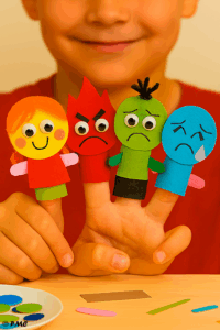 Quatre marionnettes à doigt représentant les émotions : joie, colère, peur et tristesse, tenues par un enfant.