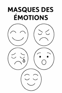 Illustration en noir et blanc de cinq visages expressifs représentant différentes émotions : joie, colère, tristesse, peur et calme, disposés verticalement pour être découpés en masques.