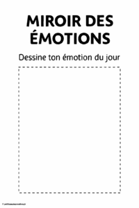 Illustration en noir et blanc d’une fiche intitulée “Miroir des émotions” avec un cadre vide et la consigne “Dessine ton émotion du jour”.