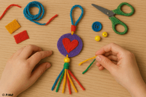 Mains d’enfant fabriquant un talisman coloré avec du fil, du feutre et des perles sur une table en bois