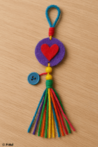 Talisman coloré fabriqué par un enfant avec du fil, du feutre et des perles