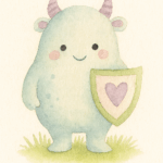 Illustration d’un monstre bleu souriant tenant un petit bouclier vert avec un cœur, peint à l’aquarelle.