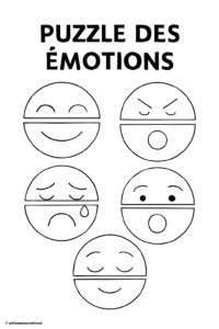 Illustration en noir et blanc de cinq visages expressifs représentant différentes émotions, chacun découpé en trois parties horizontales à assembler comme un puzzle.