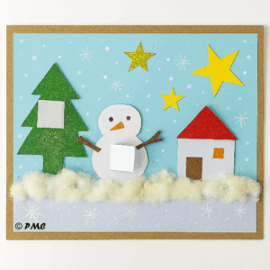 Tableau de Noël réalisé par un enfant : paysage enneigé avec sapin, bonhomme de neige, maison, étoiles scintillantes et vœux cachés derrière les éléments du décor.