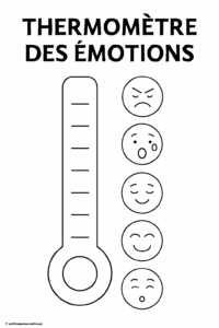 Illustration en noir et blanc d’un thermomètre vertical avec cinq pictogrammes de visages expressifs représentant différents niveaux émotionnels, du calme à la colère.