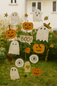 Décoration Halloween enfant sur vitre au crépuscule : fantômes, citrouilles et étoiles en papier illuminés par une lampe.