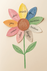 Fleur des émotions en papier coloré, chaque pétale représentant une émotion comme joie, peur, amour ou tristesse, sur fond doux.