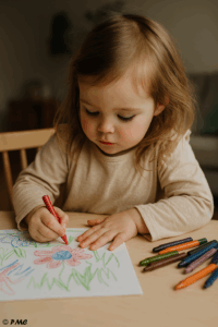 Enfant concentrée en train de colorier une fleur avec des crayons sur une table en bois, dans une pièce lumineuse et chaleureuse.
