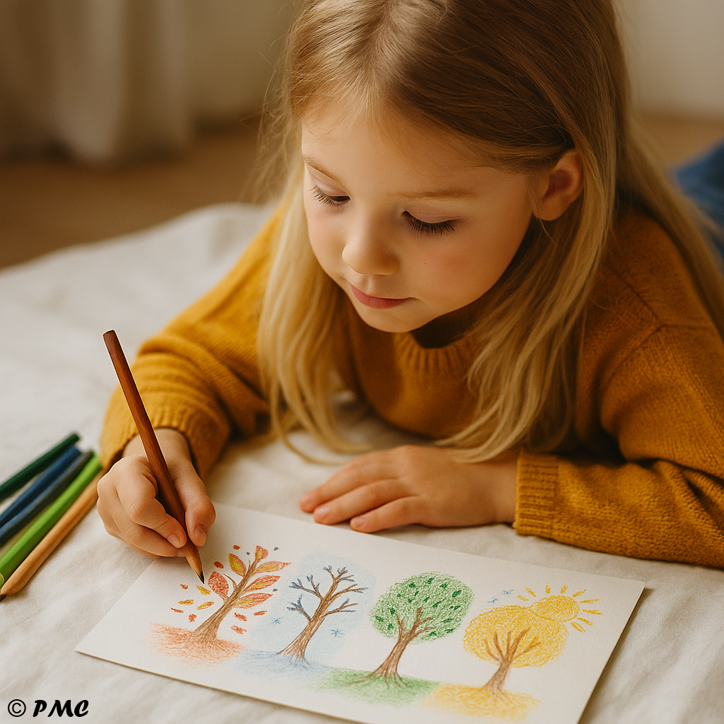 Enfant allongée sur le sol, concentrée sur un dessin représentant les quatre saisons avec des arbres colorés, crayons autour d’elle.