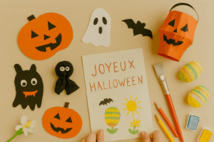 Décorations et bricolages d’Halloween réalisés par des enfants : citrouilles, fantômes, chauves-souris, pinceaux, œufs peints et carte « Joyeux Halloween » tenue par deux petites mains.
