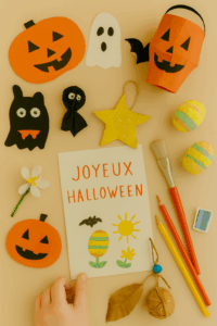 Carte “Joyeux Halloween” entourée de décorations enfantines : citrouilles, fantômes, œufs colorés, étoiles et feuilles