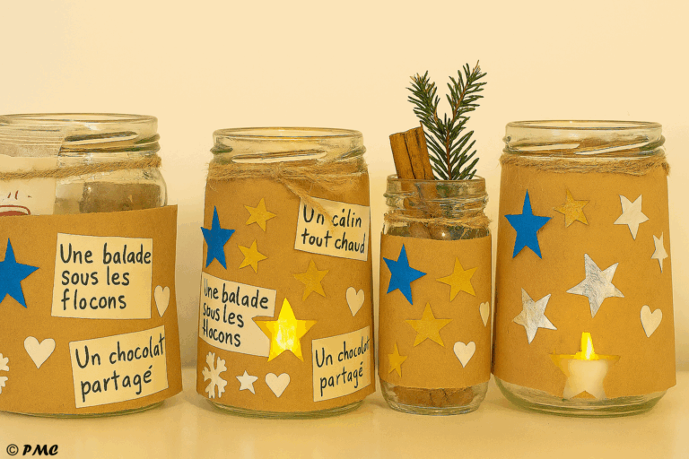 Quatre lanternes d’hiver faites maison, chacune illustrant une variante créative : gourmande, collective, sensorielle et étoilée, décorées avec du papier kraft, des vœux écrits à la main et des éléments naturels ou scintillants