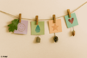 Photo d’un fil des émotions suspendu au mur, avec des cartes colorées et des éléments naturels accrochés par des pinces à linge : feuille, pierre, pomme de pin, gland.