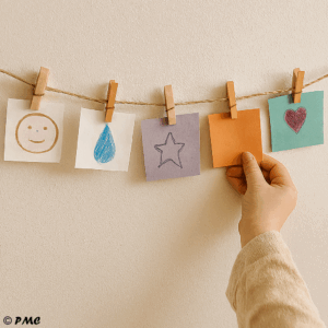 Photo d’un fil des émotions suspendu au mur, avec des cartes colorées accrochées par des pinces à linge miniatures, et une main d’enfant ajoutant une carte orange.