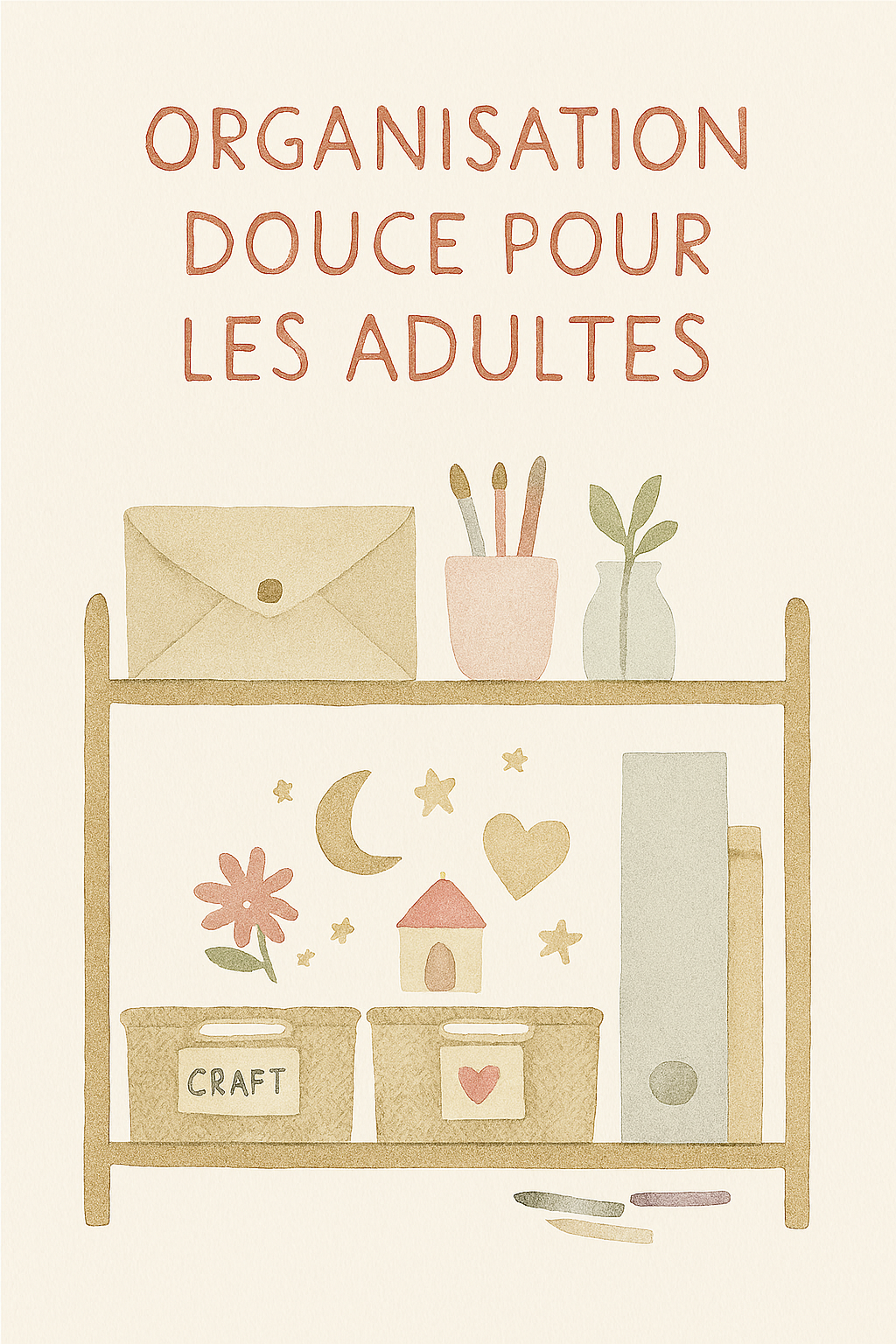 Illustration aquarelle d’une étagère avec paniers étiquetés, fournitures créatives et plantes