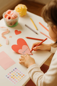 Enfant fabriquant une carte cœur rouge sur une table blanche, entouré de crayons, rubans et décorations pastel, dans une ambiance douce et lumineuse.