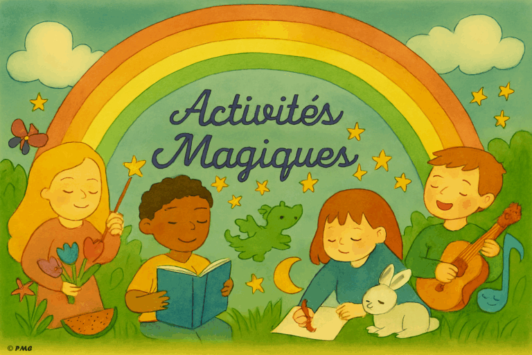 Illustration poétique d’enfants créant dans un décor féerique : dessin étoilé, bulles d’émotions, créatures imaginaires et notes musicales sous un arc-en-ciel.