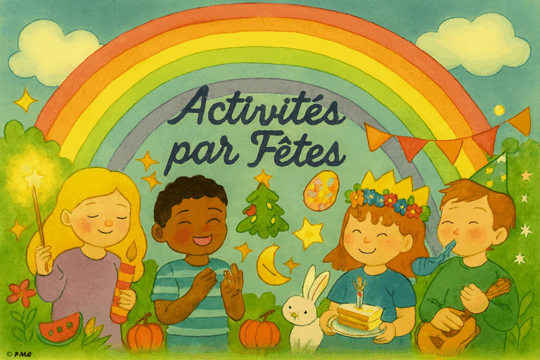 Illustration poétique d’enfants célébrant différentes fêtes de l’année sous un arc-en-ciel : Noël, Pâques, Halloween, anniversaires et Carnaval.
