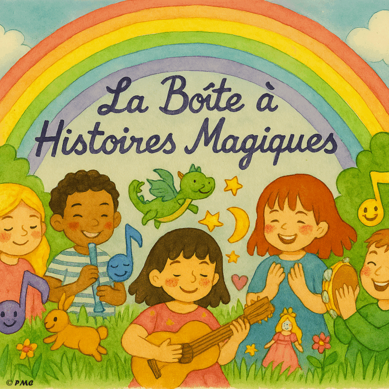 Illustration poétique d’enfants autour d’une boîte ouverte d’où s’envolent des éléments d’histoires imaginaires : dragon, princesse, lune, nuages et étoiles.