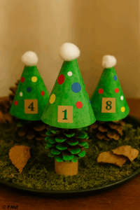 Sapins fabriqués avec des pommes de pin peintes et décorées