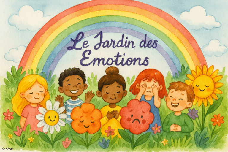 Illustration poétique d’enfants dans un jardin imaginaire, entourés de fleurs représentant différentes émotions sous un arc-en-ciel.