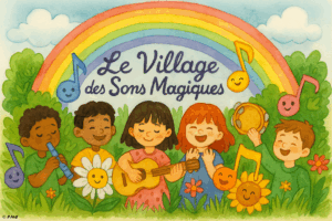 Illustration poétique d’enfants jouant des instruments dans un village imaginaire, entourés de notes de musique souriantes sous un arc-en-ciel.