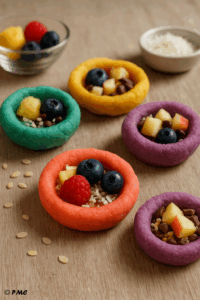 Nids colorés comestibles remplis de fruits frais et décorations, réalisés par des enfants dans une recette sans cuisson.