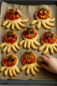 Enfant garnissant des mini pizzas pieuvres avec sauce, fromage et légumes