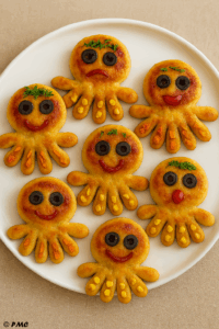 Petits pains en forme de pieuvre dorés et décorés avec des légumes colorés, présentés dans une assiette blanche