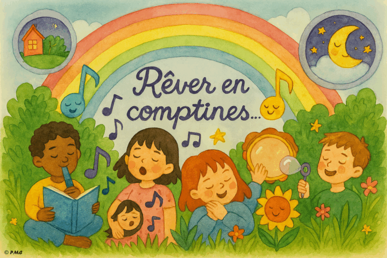 Illustration poétique d’enfants rêveurs entourés de bulles contenant des comptines illustrées, sous un arc-en-ciel et un ciel étoilé.