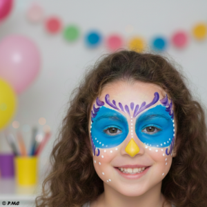 Portrait d'une petite fille avec un maquillage de chouette bleue et violette, avec un bec jaune et des points blancs étincelants.