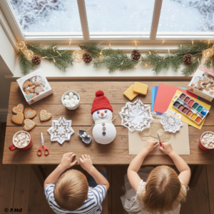 Deux enfants souriants fabriquent des décorations d’hiver à une table, découpant des flocons en papier, tenant un petit bonhomme de neige artisanal et un symbole de recyclage.