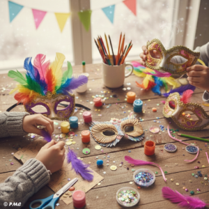 Bricolages de Carnaval réalisés par des enfants : carte “Joyeux Carnaval”, masques colorés, guirlande de fanions, chapeau de bouffon et décorations festives.