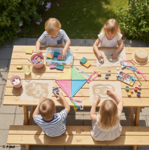 Enfants installés sur un banc en bois à l'extérieur, réalisant des activités créatives avec du sable, des coquillages, des éponges colorées et un cerf-volant artisanal.