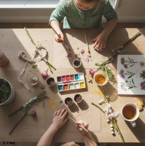 Vue de haut d'une table d'atelier créatif pour enfants avec semis en coquilles d'œufs, peinture aux épices, fleurs fraîches et baguettes magiques en bois.