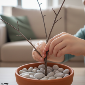 Enfant attachant des boules de coton blanc sur une branche avec du fil doré.