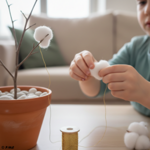 Main d'enfant glissant un petit message en papier roulé à l'intérieur d'une boule de coton.