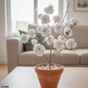 Mains d'un enfant fixant une branche d'arbre dans un pot rempli de galets blancs.