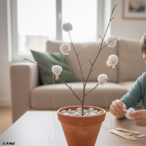 Bricolage terminé d'un Arbre aux Bourgeons de Coton dans un pot en terre cuite sur une table en bois.
