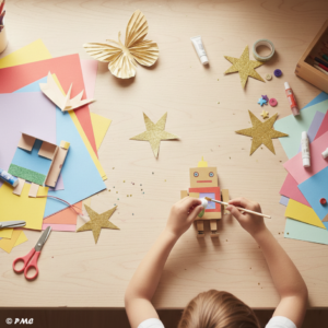 Vue de dessus d'un enfant créant un robot en carton sur une table en bois parsemée de feuilles colorées, ciseaux, étoiles dorées et papillon en papier.