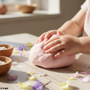 Gros plan sur les doigts d'un enfant travaillant la motricité fine avec de la pâte à modeler.