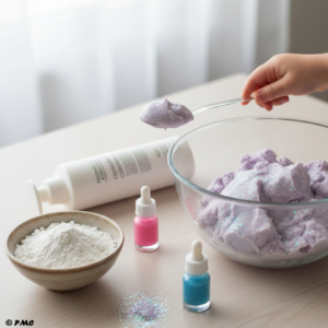 Enfant malaxant une pâte à modeler rose ultra douce faite avec de la fécule et de l'après-shampoing.