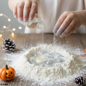 Enfant préparant du sable de lune maison avec de la farine et des paillettes argentées.