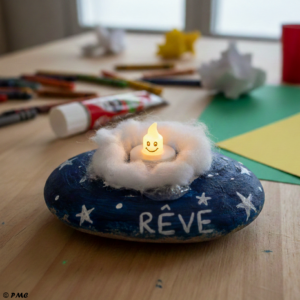 Bricolage enfant lampion des mercis avec galet peint et bougie LED dans un nid de coton.