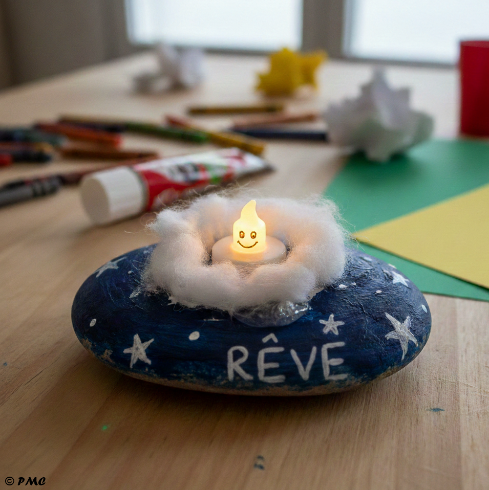 Carnet d’inspirations créatives posé sur un fond bleu pastel, entouré de crayons, pinceau, aquarelles, fleur blanche et objets décoratifs.