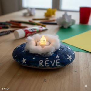 Bricolage enfant lampion des mercis avec galet peint et bougie LED dans un nid de coton.