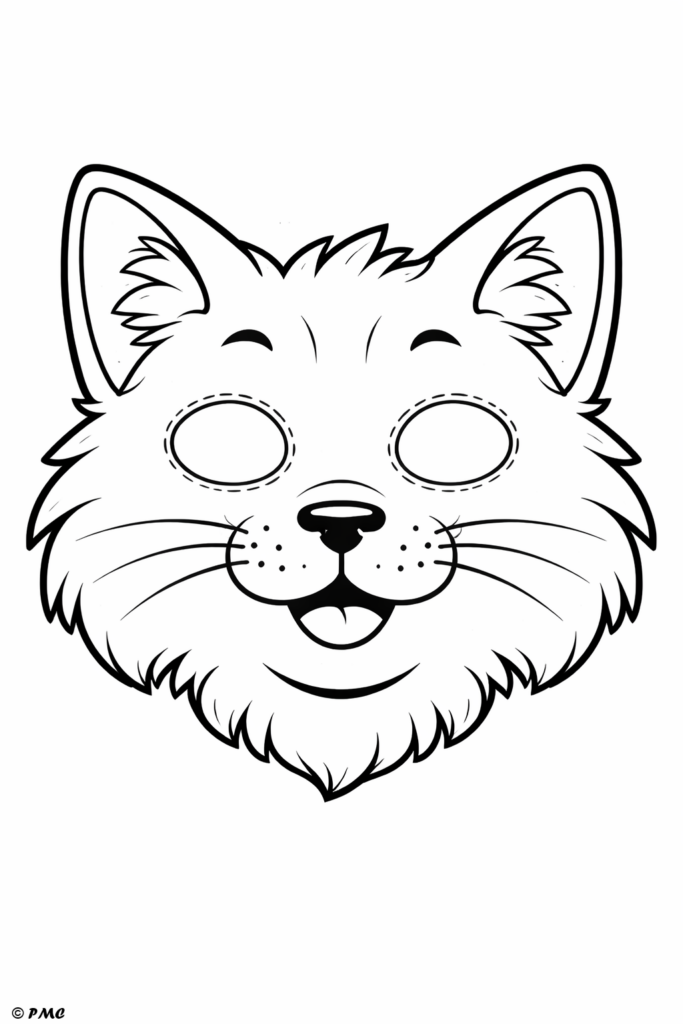 Gabarit de masque de chat avec moustaches à colorier et découper, format A4 prêt à imprimer pour enfant.