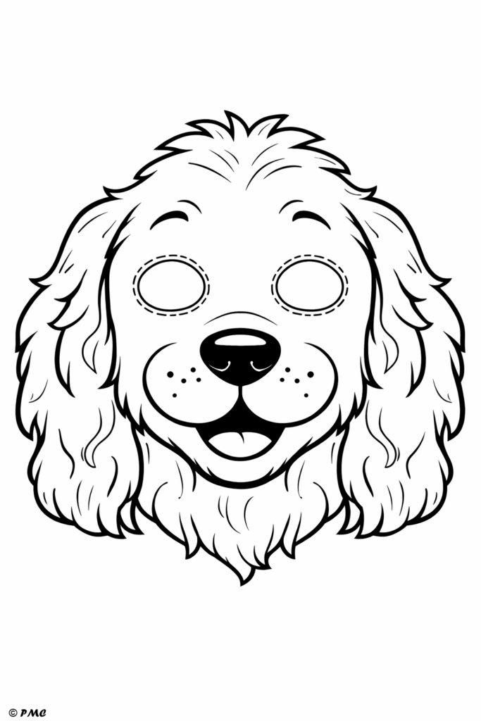 Gabarit de masque de chien avec oreilles tombantes à colorier et découper, format A4 pour enfant.