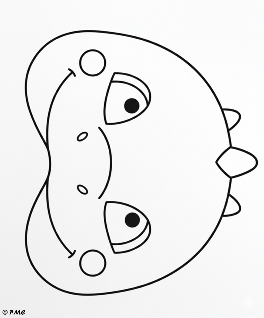 Gabarit de masque de dinosaure mignon à imprimer, colorier et découper pour enfant, format A4 taille réelle.